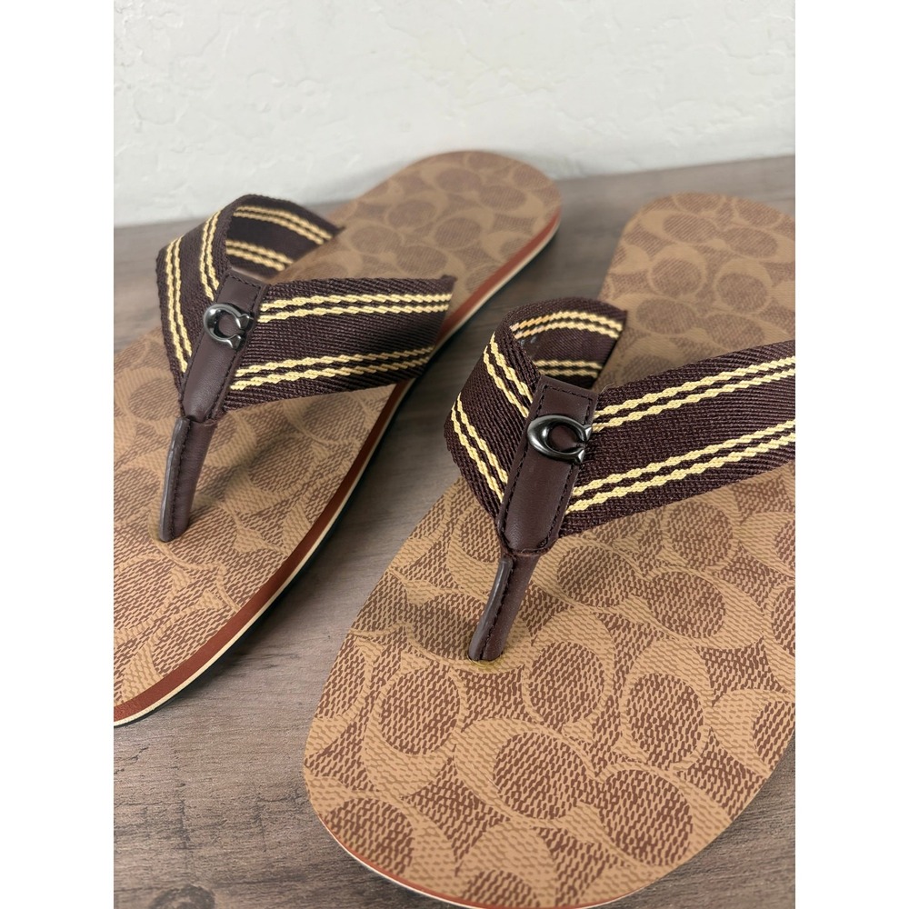 Coach Mens Sig Webbing Flip Flop Tan Signature C8896 Sandal Size 8 D - Picture 2 of 8